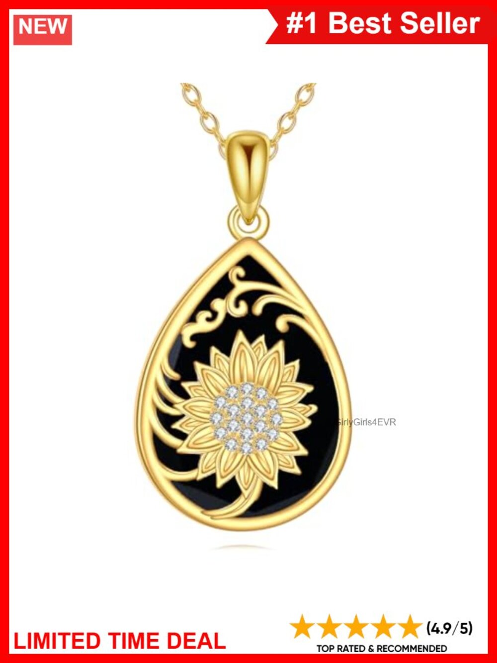 Sterling Silver Sunflower Pendant Necklace Lab Diamond Black Onyx 18+2"